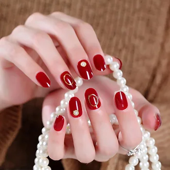 

Girls Summer Holiday Fashion Hollow Circle Gold Beads Full Cover Nail Art Tips with Glue Women Round Head Sand Color Fake Nails