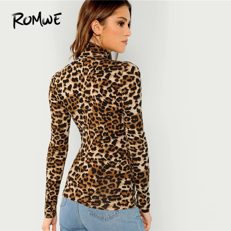 ROMWE облегающий топ с высоким воротом и леопардовым принтом Сексуальная Весенняя футболка Женская Осенняя футболка с длинным рукавом модная женская облегающая футболка