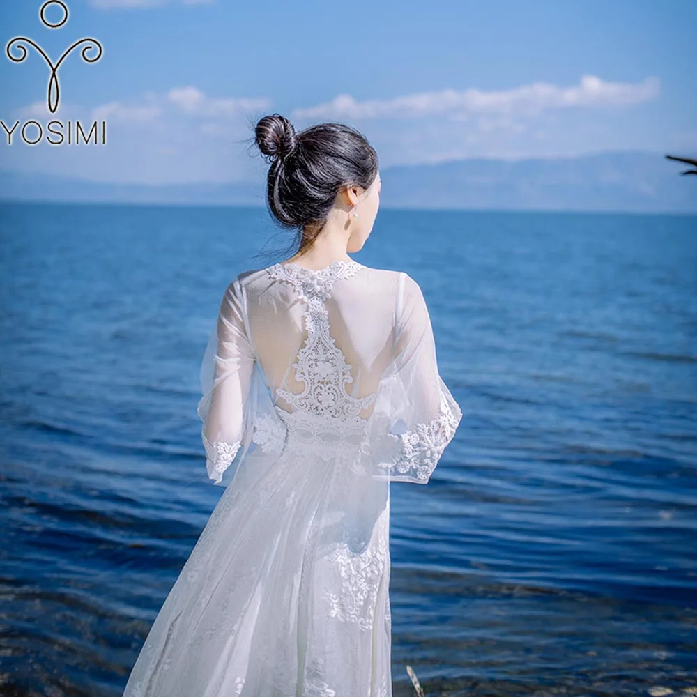 YOSIMI 2018 Summer Maxi Lace Long Women Dress  for Travel White V-nek Backless Evening Party Fairy Ankle-length Lace Embroidery
