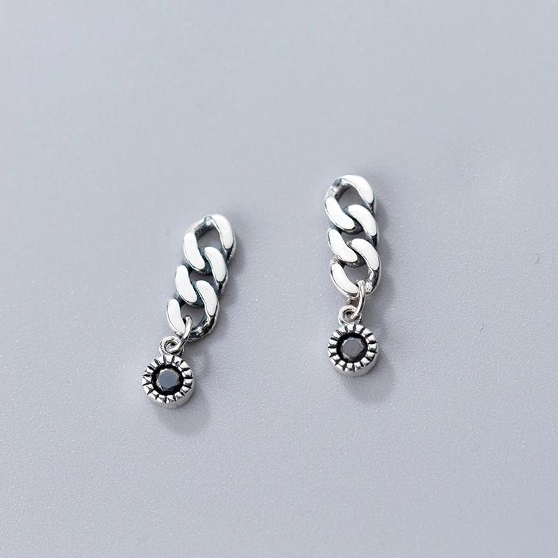 

Punk Black CZ Vintage 925 Sterling Silver Big Chain Shape Stud Earrings for Women Lady Fine Jewelry (SE384)
