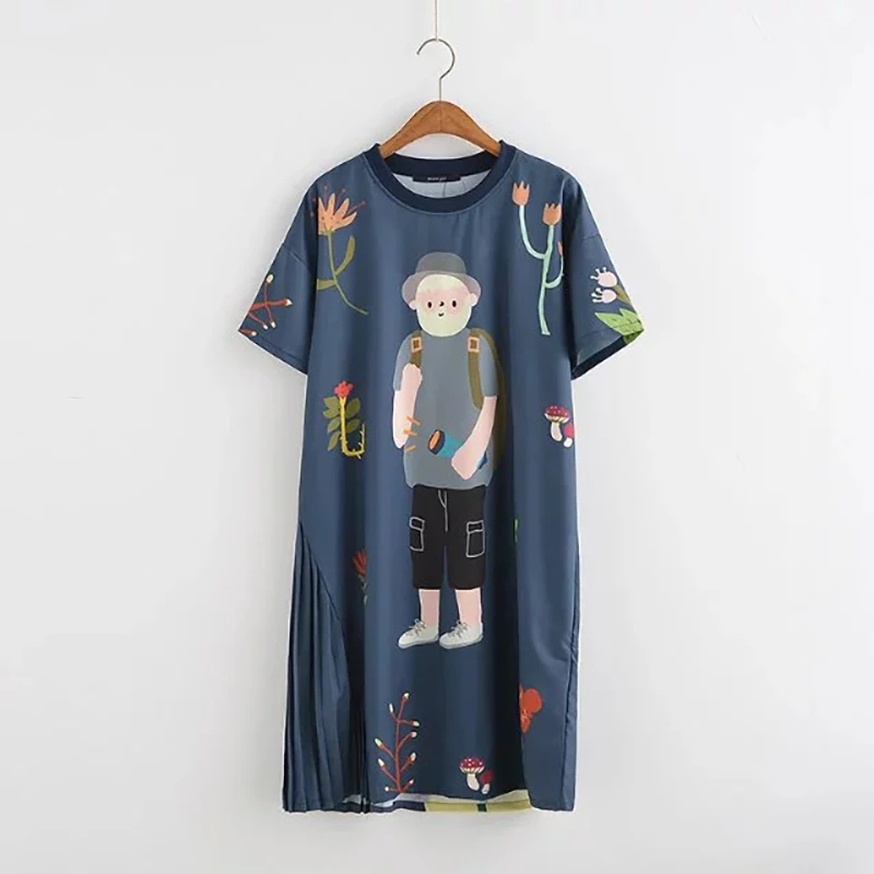 

Women's summer chiffon dress new Harajuku O-neck short-sleeved college wind women's dress cartoon print pleated skirt hem