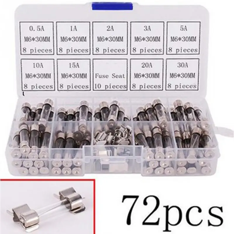 72 шт. 6 x мм 30 мм Ассорти Комплект предохранители безопасный держатель трубки стекло Multi ток предохранители для авто 0,5 1 2 3 5 10 15 20 30A комплект