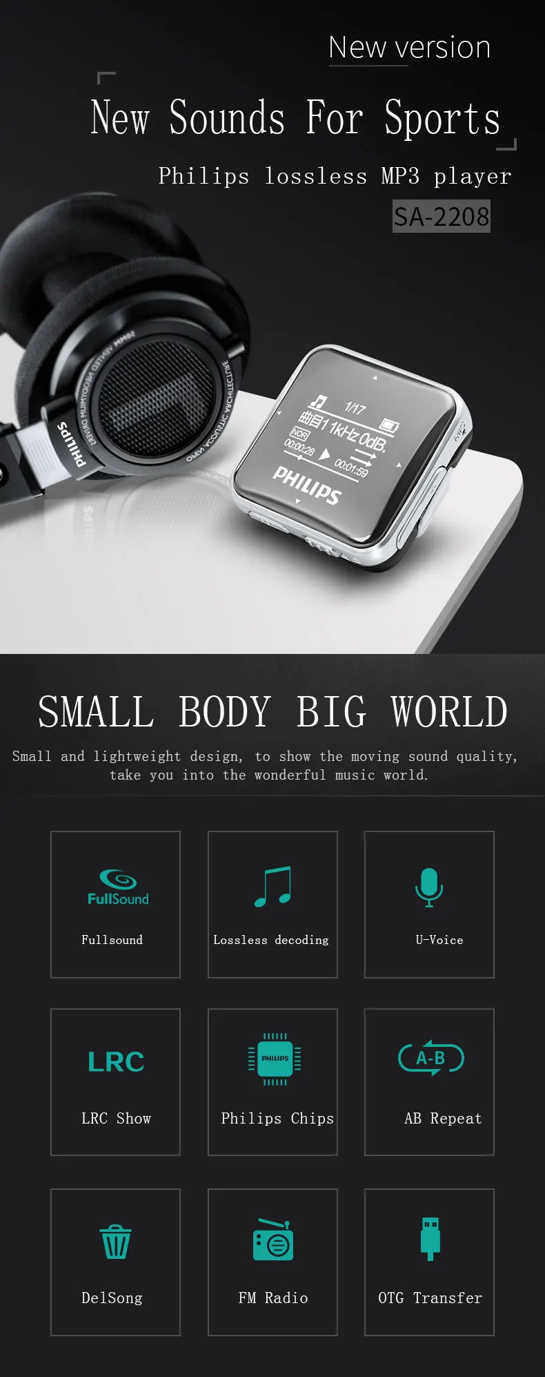 mp3 player bluetooth Philips Original MP3 Player 8GB Music With FM Radio Sport Clip Portable MP3 FLAC USB Cable Fashion Type SA2208 best mp3 player