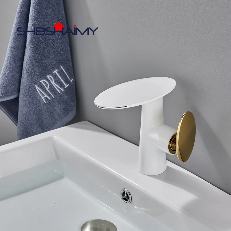 

Deck Mounted White/Golden Bathroom Basin sink Faucet Cold and Hot Water Mixer Single Handle Bathroom Tap (without cover )