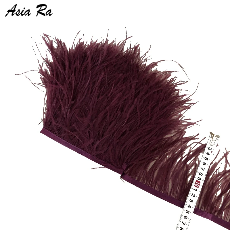 

Asia Ra 10Meters 13-15CM Fluffy Ostrich Feather fringe trims deep purple Dyed Ostrich feather Trimming with satin ribbon tape