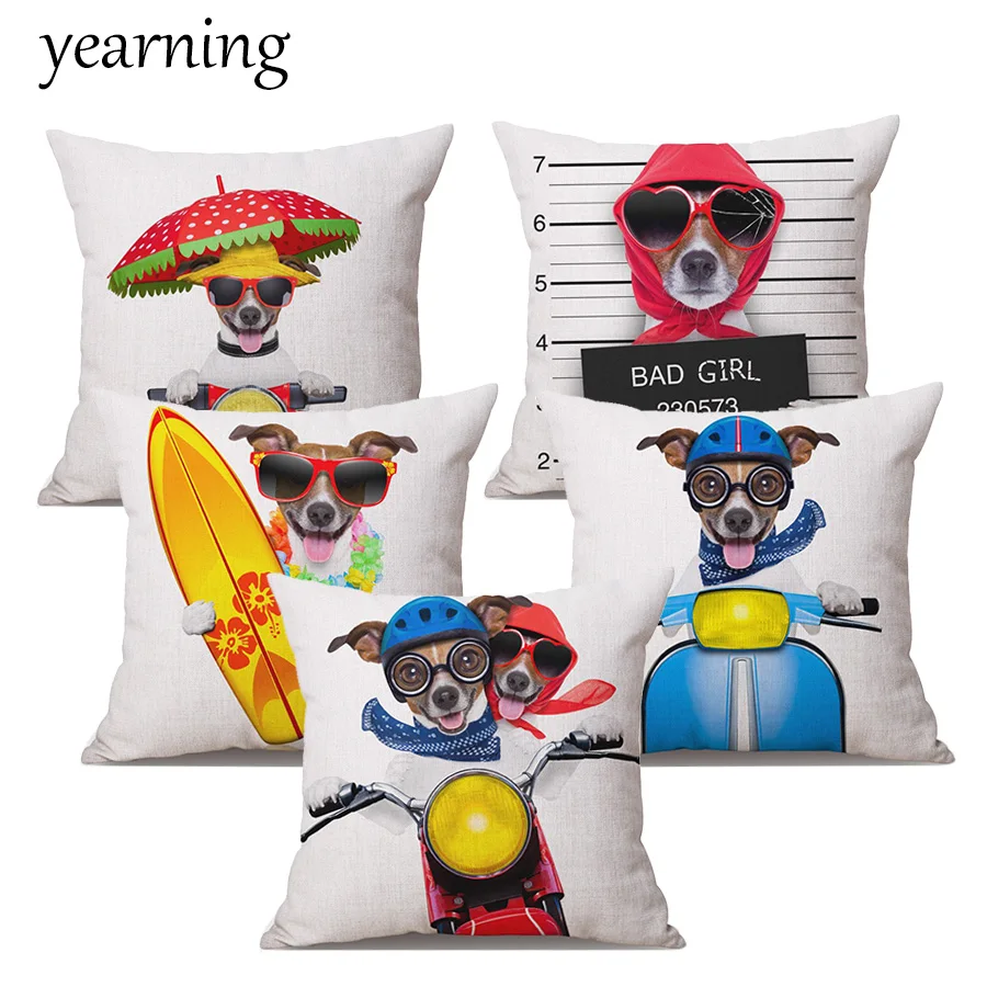 

Funny Dog Pillow Case Creative Surfing Driving Bad Girl Painting Animal Printed Linen Cotton Home Decorative Throw Pillow Cover