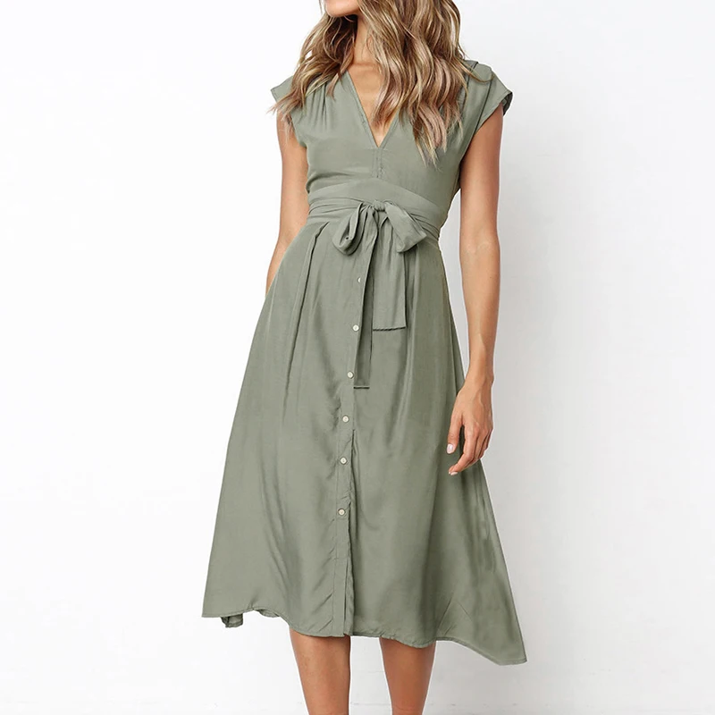 Women's Striped Mid-Calf Dress New Fashion Button Sexy V-Neck Short Sleeve Dresses Vestidos Female Casual Daily Party Sundress