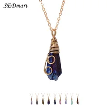 SEDmart Handmade Colorful Wire Wrapped Raw natural stone Women Pendant Necklace Pink Quartz Dursy Crystal Chain