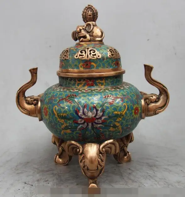 

song voge gem S6270 10" Marked Chinese bronze Cloisonne enamel Elephant beast statue lucky incense