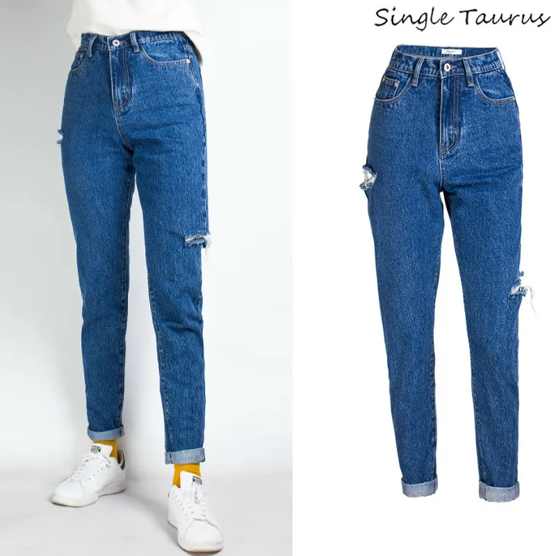 Джинсы-шаровары с высокой талией для женщин уличная BF Boyfriend Denim Pant Blue Hole Ripped Straight Pants Fashionnova Distressed Jeans