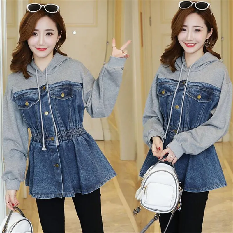 New Spring Fashion Loose Denim Patchwork Hooded Sweatshirts Slim Waist Students Hoodies Casual Tops for Women