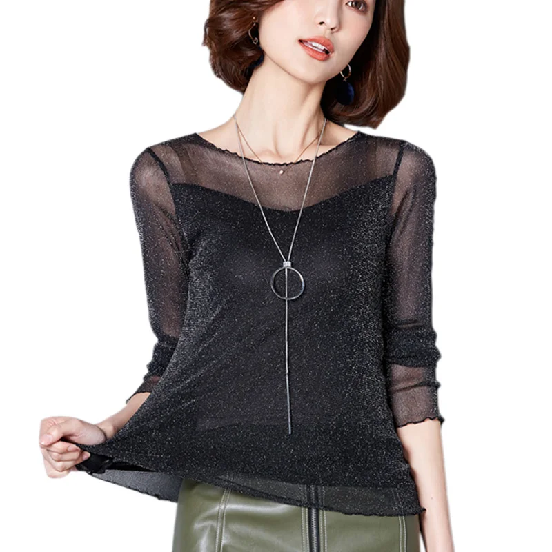 

2017 Office Ladies Elegant Purl Sheer Ruffles T Shirt Women T-Shirts Plus Size Long Sleeve Mesh Sexy T-Shirt Female Basic Tees