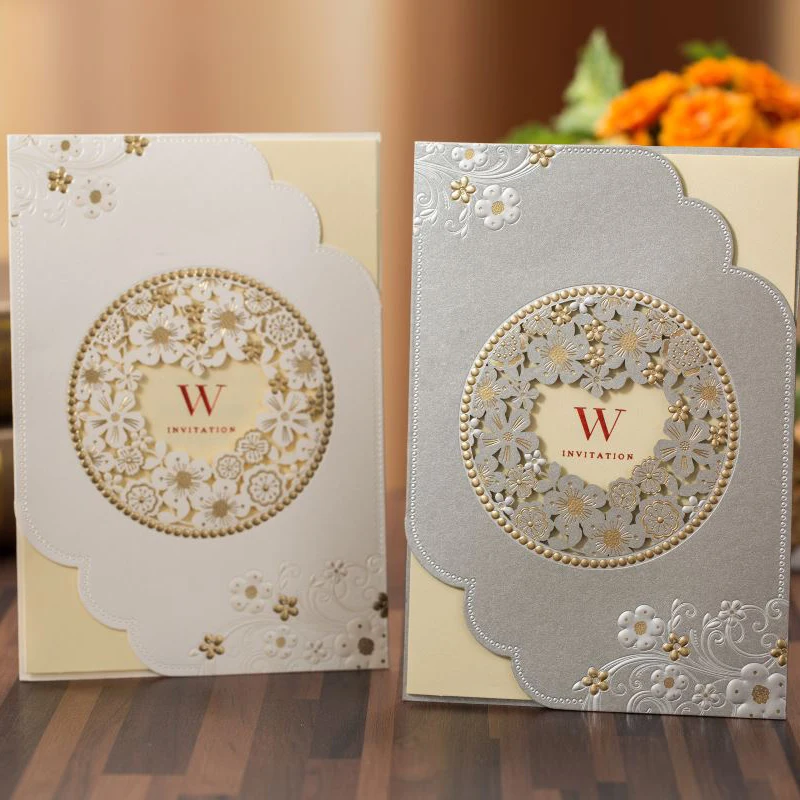 

(100 pieces/lot) Gold Foil Embossed Flower White Marriage Card Customized Print Silver Grey Wedding Party Invitations CX518
