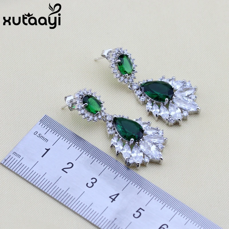 XUTAAYI зеленый создан изумруд белые камни Мода 925 серебряные ювелирные изделия цвет наборы Превосходное ожерелье кольца серьги браслет