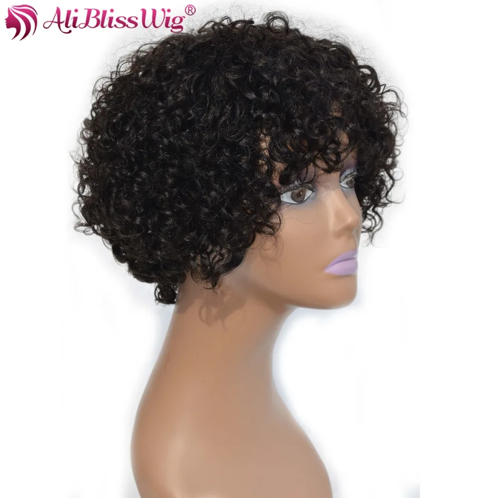 AliBlissWig Curly Short Wigs For Black Women #1B Color Brazilian Non-Remy Hair None Lace Human Hair Wigs Medium Cap Machine Made (3)