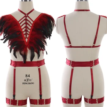 

Angel Wings Body Harness Lingerie Set For Women Wine Red Feather Bra Belt Goth Garter Elastic Halloween Festival Dance Rave Wear