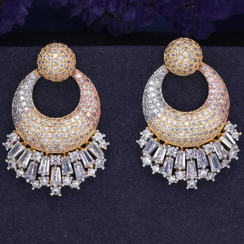 

Newness 42mm Luxury Geometry Round Full Mirco Paved Cubic Zirconia Earrings 3Tone Engagement Wedding Earring Fashion Jewelry