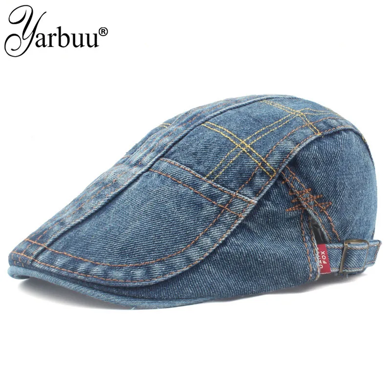 

[YARBUU] new brand Visors hat Spring And Autumn Vintage Simple Solid Unisex Solid Beret Buckle Flat Caps denim cap for men women