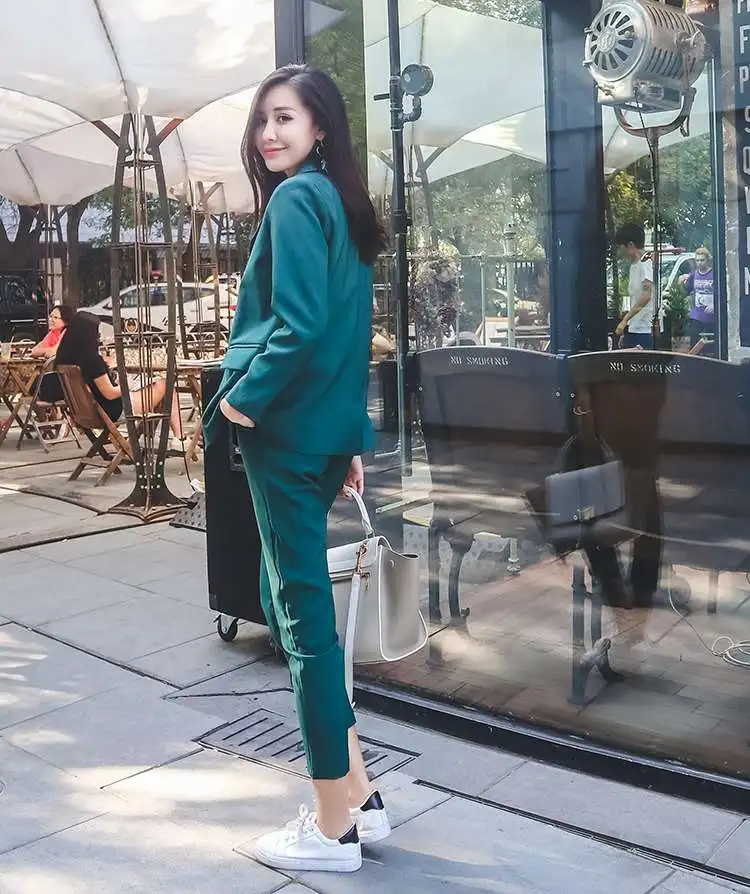2018 Pure Color Simple Boyfriend Jacket Small Cuff Pants Dark Green Office Lady Karxige Official Store Seven Length Pant Suit