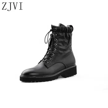 

ZJVI women black genuine leather ankle boots women autumn winter square low heels woman ladies shoes white causal 2020