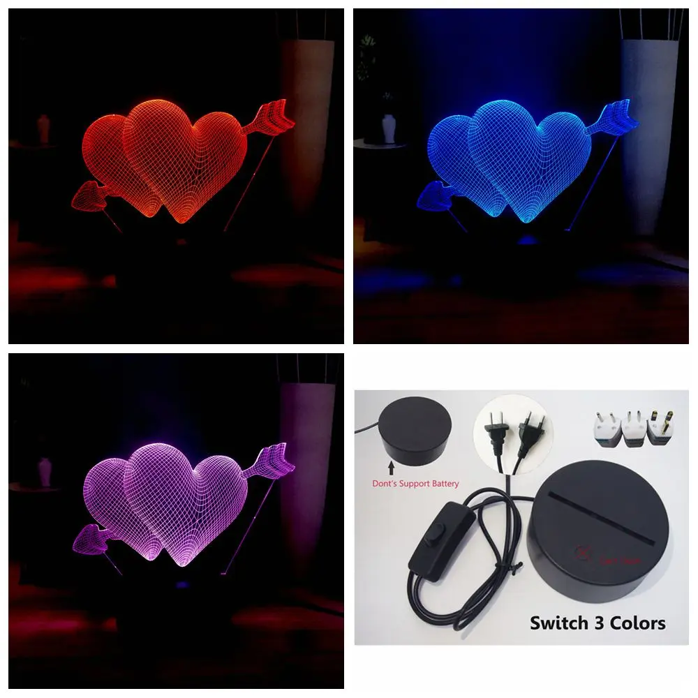 Лучший подарок для влюбленных, Стрела любви, 3D, визуальный Настольный светильник, стрела купидона в сердце, RGB, многоцветный светодиодный ночник, подарок для пары - Испускаемый цвет: Switch One 3 Colors