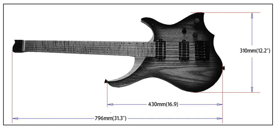 Безголовый электрогитара стиль модель Синий взрыв spalted вьющиеся клен Топ Пламя клен шеи