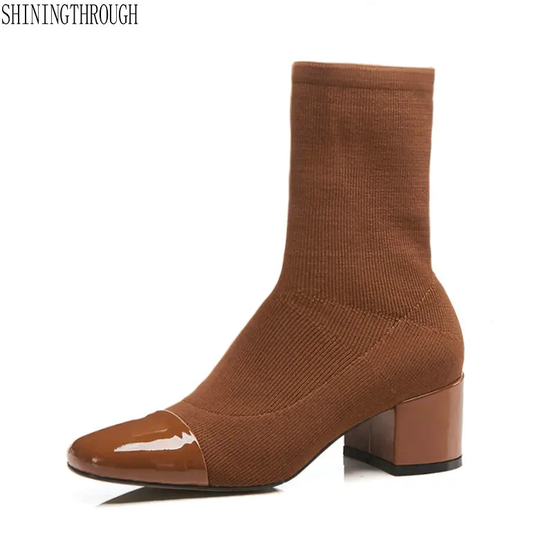 

New stretch fabric women ankle boots thick med heels shoes woman black brown beige casual women boots large size 42 43