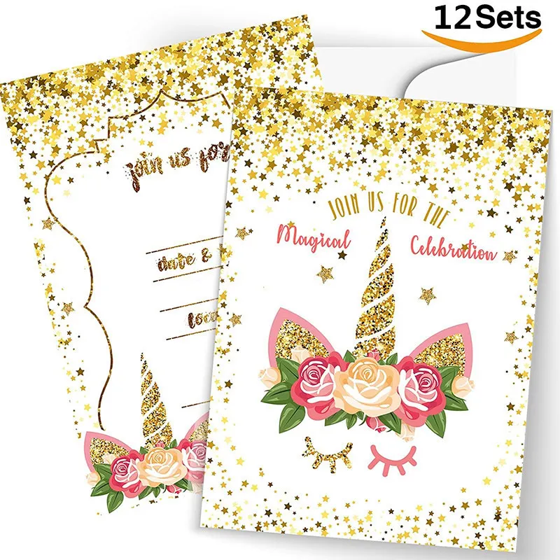 

12pcs/lot Christmas smile unicorn Theme Party Paper Invitation Card Kids Happy Birthday Party Supplies Decoration Favors
