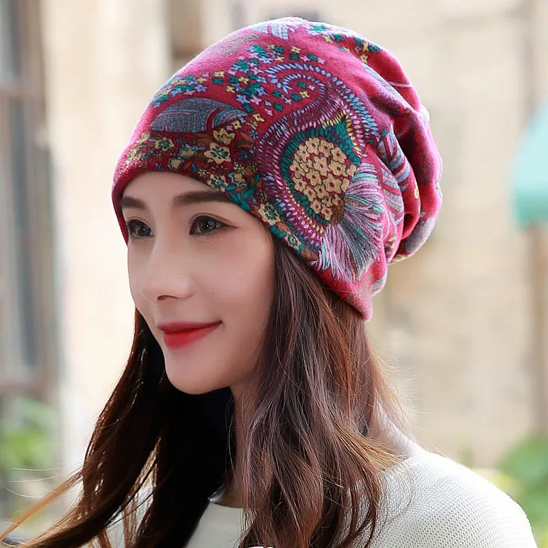 Long Keeper Hot! Women Hat Polyester Adult Casual Floral Women Hats Spring Autumn Female Cap Scarf 5 Colors Fashion Beanies - Цвет: flower Red