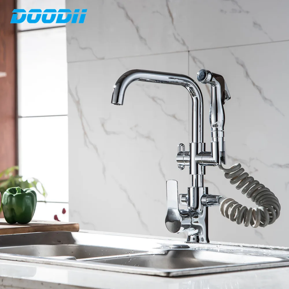 

Kitchen Faucet Pull out Side Spray Dual Spout Single Handle Mixer Tap Sink Faucet 360 Rotation Kitchen Faucets Torneira DOODII