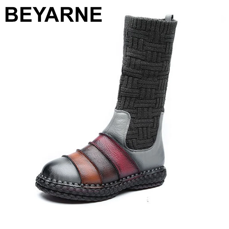Cena BEYARNE dziewiarskie botki Genuien skórzane 2018 zimowe platformy damskie zabytkowe buty śnieżne Retro ręcznie robione damskie ciepłe buty