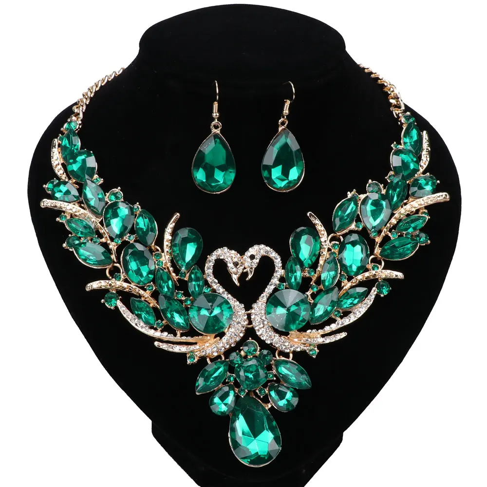 

Luxury Gold Color Green Crystal New Collier Femme Double Swan Statement Necklace Earring For Women Party Wedding Jewelry Sets