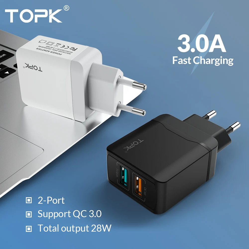 TOPK 28 Вт двойное USB зарядное устройство Quick Charge 3,0 для iPhone X 8 7 EU быстрое дорожное настенное зарядное устройство для мобильного телефона для samsung Xiaomi huawei