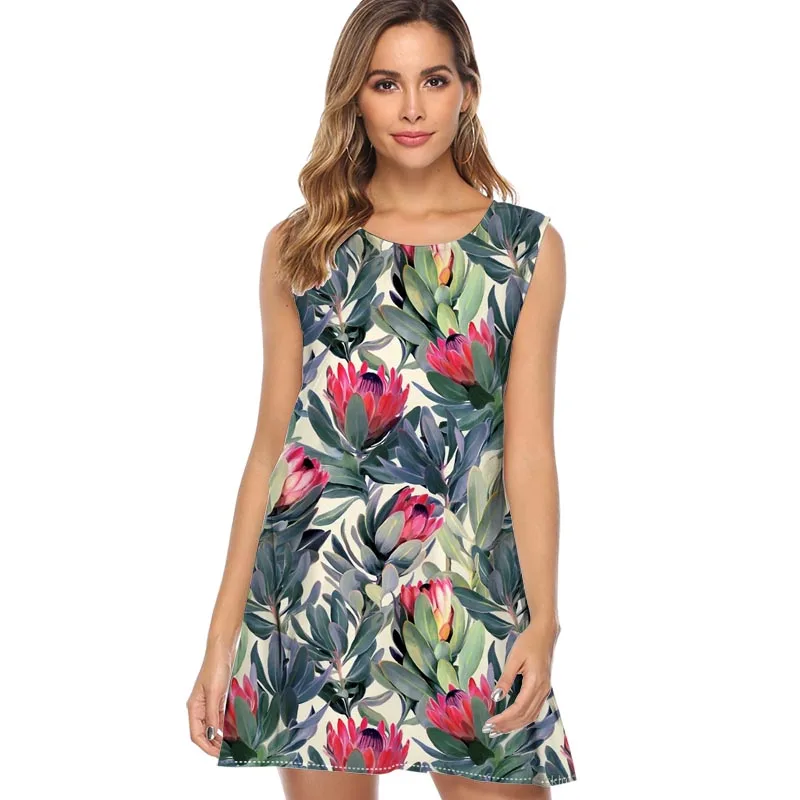 

Protea flowers Women Dress 2019 Fashion Print Casual Loose Summer Dress Sleeveless O neck Mini Chiffon Dress Sundress