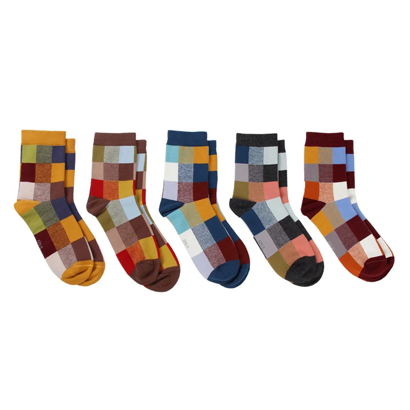 

5Pair/Lot Combed Cotton Men's Socks Autumn And Winter Compression Socks Fashion Colorful Square Happy Dress Socks Men Size 39-45