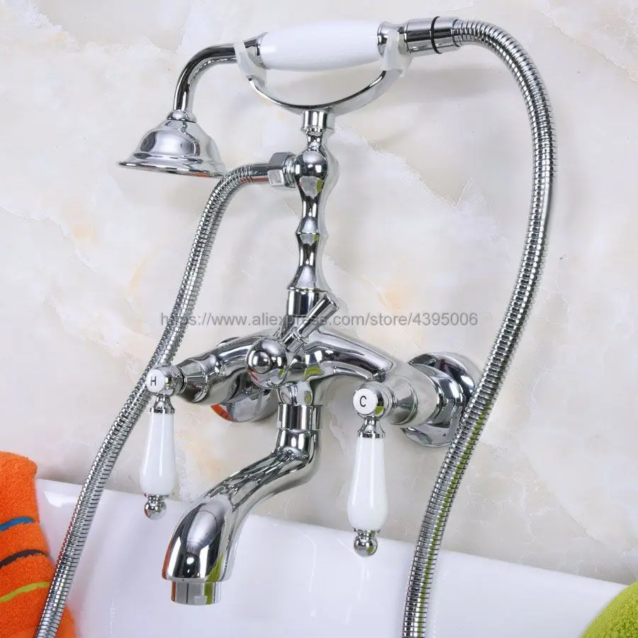 

Polished Chrome Wall Mount Telephone Style Bath Tub Faucet Mixer Tap With Handheld Spray Shower Bna221