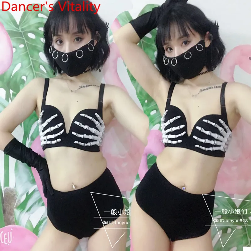 

Nightclub Bar Black Punk Style Music Festival Skeleton Mask Performance Costume Pole Jazz Dance Clothes Garments Outfits Suits