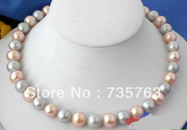 

xiuli 00677 AA 17" 12MM GRAY PINK ROUND FRESHWATER PEARL NECKLACE