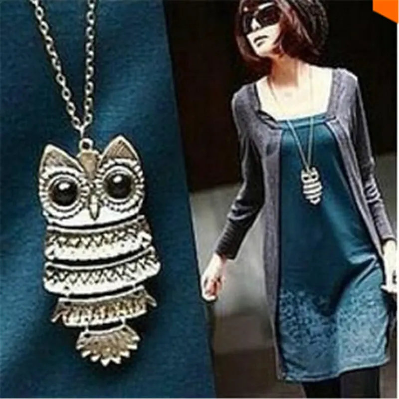 

Antique Bronze Owl Pendant Necklace Sweater Chain Jewelry Old Owl Ornament accessories