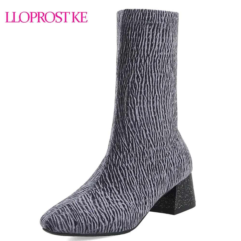 

Lloprost ke new mid calf boots pointed toe thick high heel women winter shoes woman black brown gray sock boots Size 48 D154