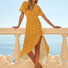 OOTN Желтый платье с принтом Для женщин Асимметричный пуговицах Flare длинное платье женский сарафан с короткими рукавами элегантные на лето и весну