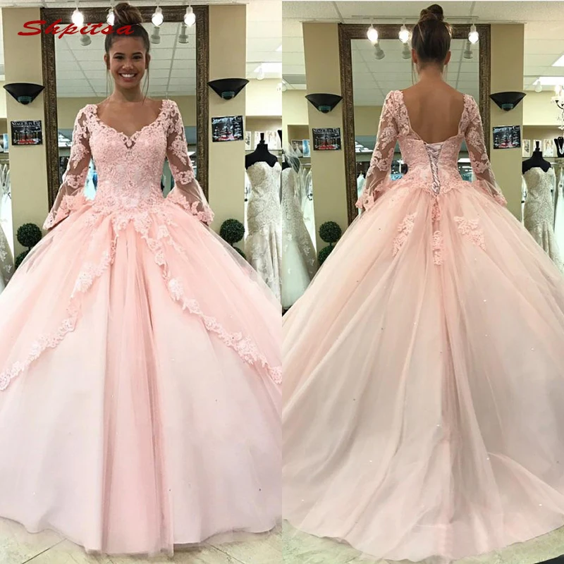 

Pink Long Sleeve Lace Quinceanera Dresses Ball Gown Tulle Prom Debutante Sixteen 15 Sweet 16 Dress