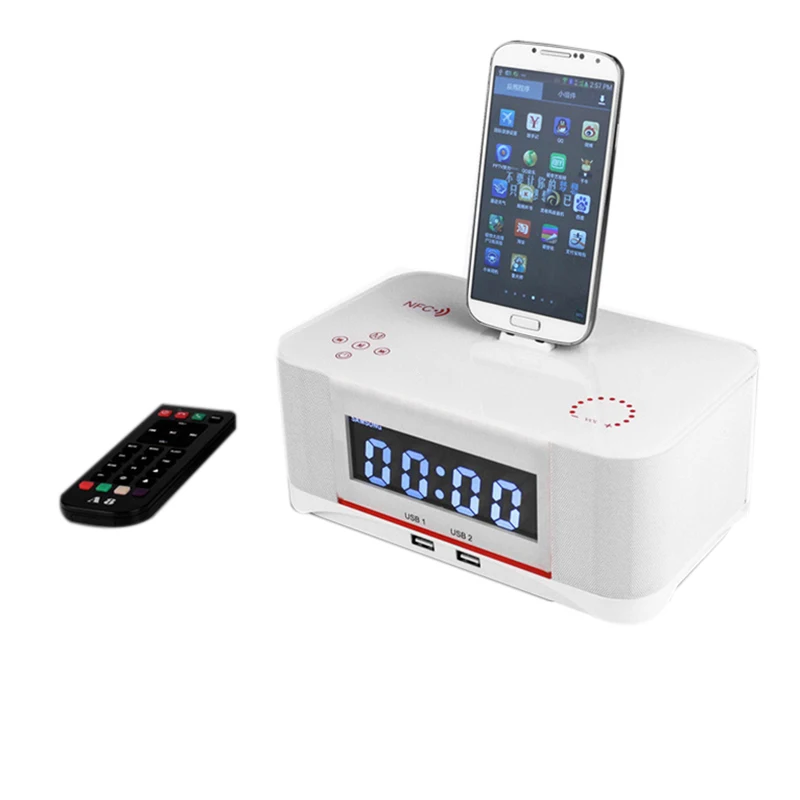 White micro-usb EU Touch Alarm Charger Dock Station Stereo Wireless Bluetooth Speaker with NFC FM Radio - Цвет: White micro-usb EU