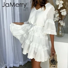 JaMerry, винтажное, с оборками, с вышивкой, белое, кружевное платье, для женщин, с расклешенными рукавами, с поясом, летнее, мини платье для отдыха на пляже, сексуальные короткие платья