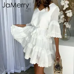 JaMerry Винтаж ruffled Вышивка Белое Кружевное платье женские Flare рукавом Пояса Летнее мини-платье для отдыха на пляже сексуальные короткие платья