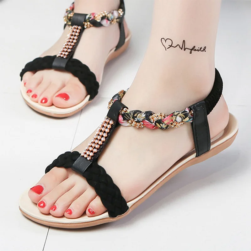 Women Sandals Flats Beach Sandals Fashion Bohemia Open Toes Rhinestone ...