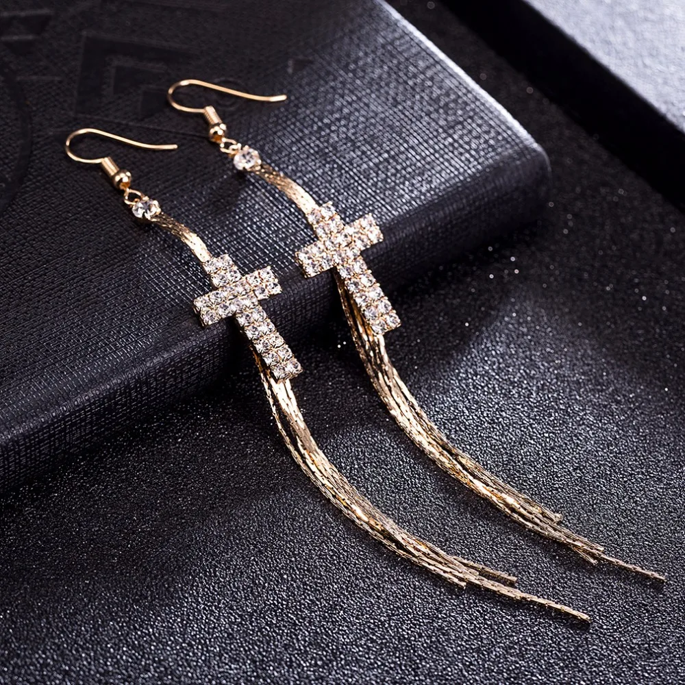 

Classic Crystal Cross Earrings for Women Boho Wedding Party Jewelry Vintage Gold Color Long Tassel Earrings valentines day gift