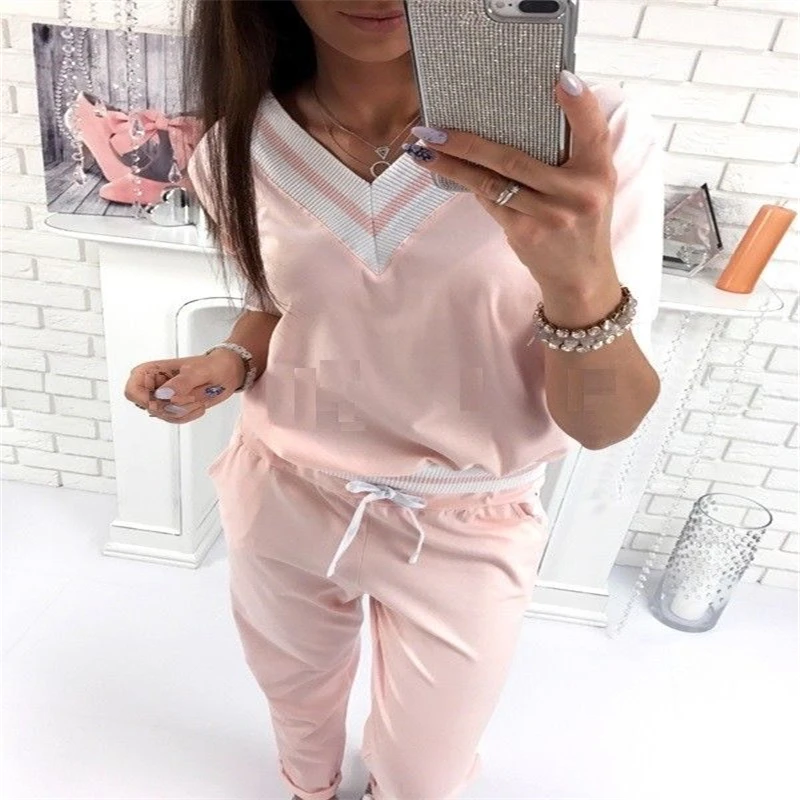 

NEW 2017 Autumn 2 Pieces Set Women Sexy V-neck Patchwork Pullover Tops and Long Pants Sets Elegant Jumpsuits