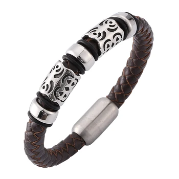 

Personalized pattern men's brown woven leather bracelet Stainless steel magnetic buckle fashion glamour bracelet 7-SP0160