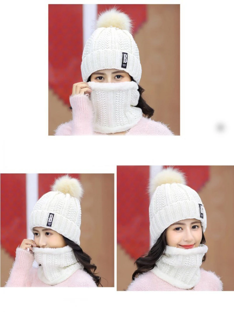 Девушка Теплый Лыжный cap 2018 новый бренд большой меховой помпонами мяч вязаные шапки шарф шляпа набор зимняя женская Шапка-бини толстые Skullies